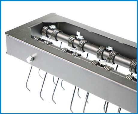 Greens Groomer STR4 front mount spring tine rake with blue finishing brush for golf course and sports field lawn care.