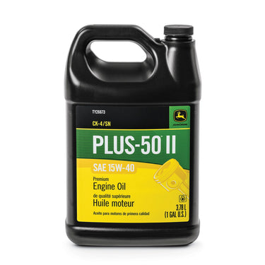 John Deere TY26673 Plus50 II Premium 15W40 engine oil container for heavy equipment, featuring oil label and branding.