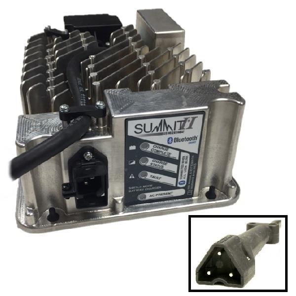 Nivel Lester Summit Series II battery charger for EZGO RXV and TXT golf carts, 36/48V, 650W with 3-pin plug and 12 ft DC cord.