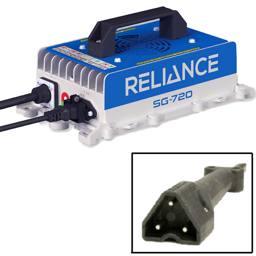 Nivel Reliance SG-720 48V golf cart charger for EZGO T48 RXV Express, high-frequency industrial charger with 3-pin paddle connector.