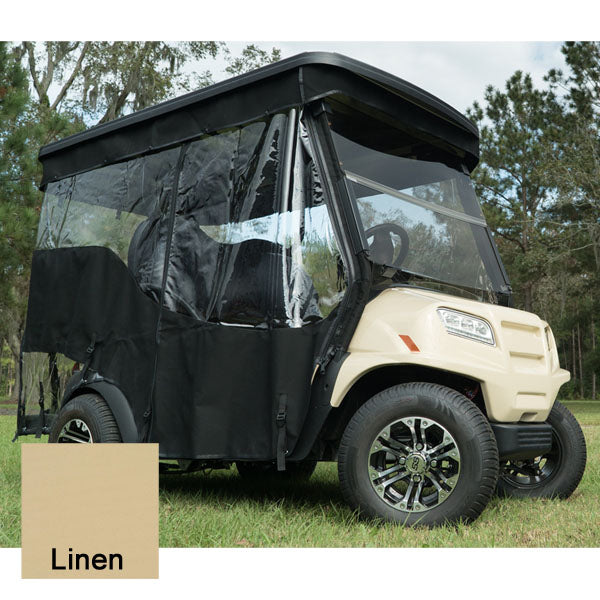 Nivel RedDot Chameleon linen golf cart enclosure for EZGO TXT T48, four-passenger, track style, provides weather protection.
