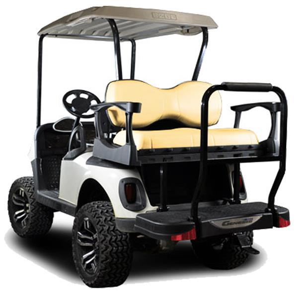 Nivel MadJax Genesis 300 rear flip seat kit for EZ-GO RXV golf carts with deluxe sandstone cushions, model N01-044-204D.