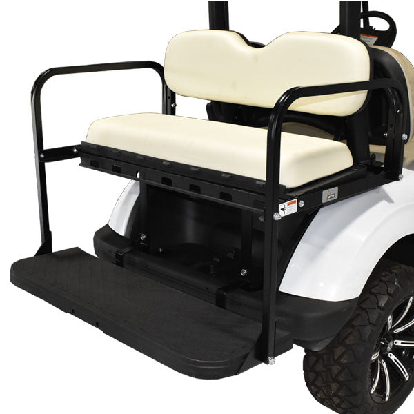 Nivel GTW Mach3 golf cart rear flip seat, multi-passenger comfort upgrade, showing the black cushioned seat with foldable design.