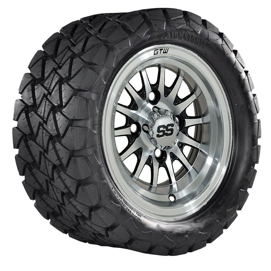 Set of four Nivel GTW Medusa black machined wheels with 22-inch Timberwolf off-road mud tires for SUV.