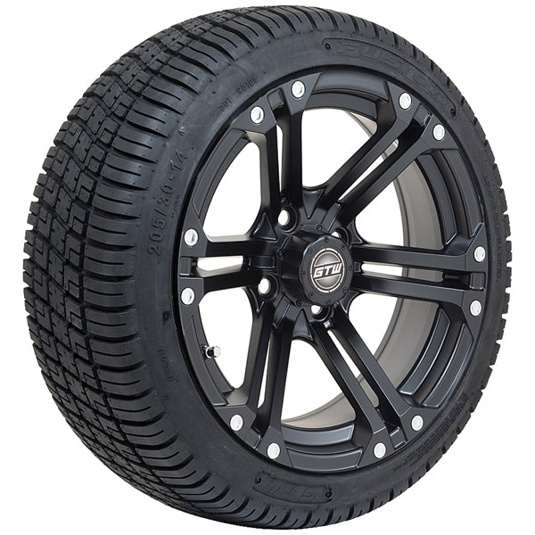 Nivel GTW Specter 14x7 Matte Black wheel and tire assembly for cars and SUVs, four-piece set with premium LoPro tires.
