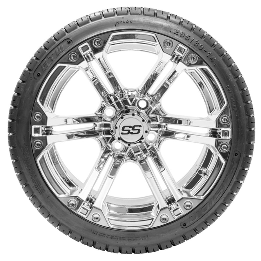 Nivel GTW Specter chrome alloy wheel set with Fusion 18-inch street tires for golf carts, featuring stylish design and durable construction.