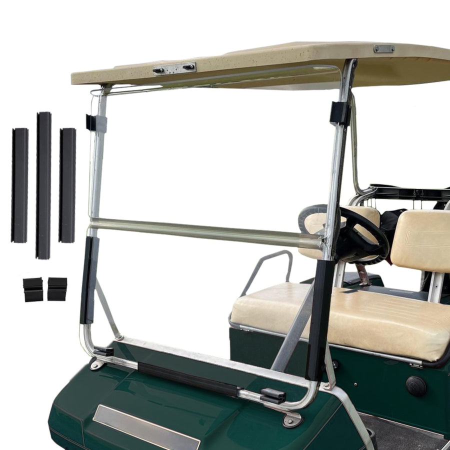 Nivel Club Car DS folding clear windshield for golf carts, fits models 1982-2000, provides weather protection and visibility.