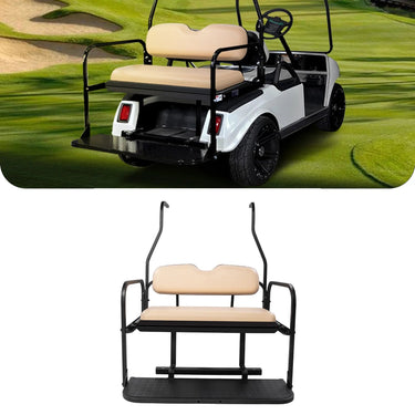 Rainier Parts Club Car DS flip seat kit with buff rear seat, featuring premium comfort, durability, and stylish design for golf carts.
