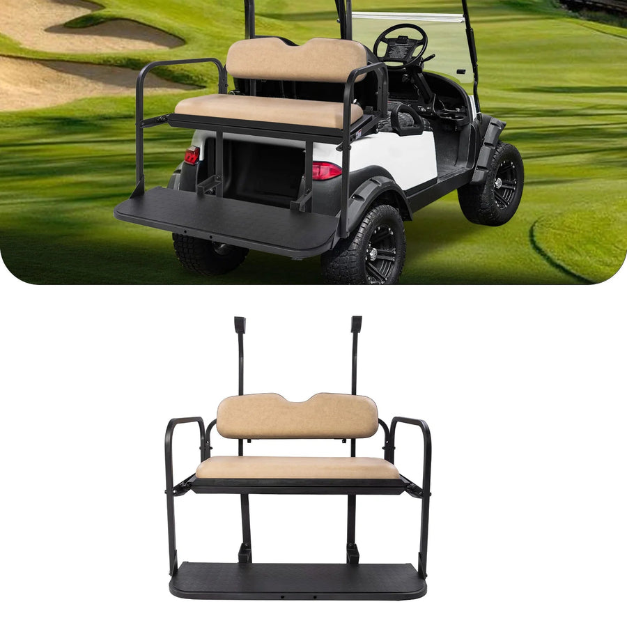 Rainier Parts Club Car Precedent Tempo beige flip seat kit for golf cart rear seat, premium comfort and easy installation.