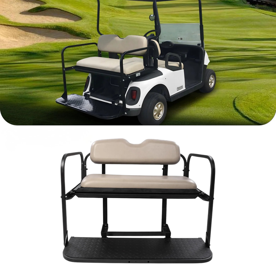 Rainier Parts EZGO RXV flip seat kit in stone beige, rear golf cart seat convertible to cargo deck with durable, stylish design