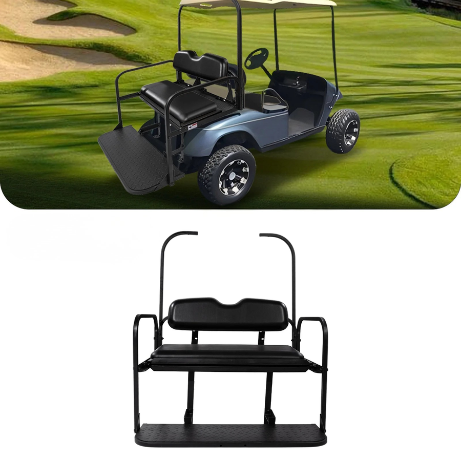 Rainier Parts EZGO TXT flip seat kit in black for golf carts, durable design, includes versatile flip seat for 96 and newer models.