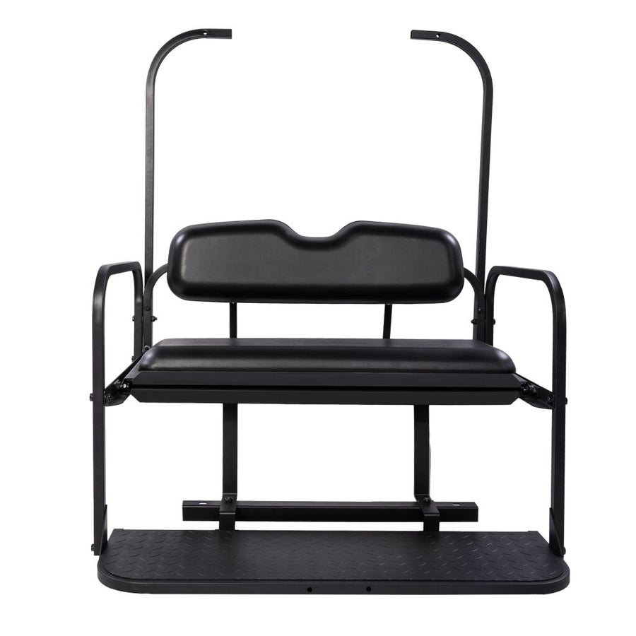 Rainier Parts Club Car DS flip seat kit in black for 1982-2000.5 golf carts, offers a durable, versatile cargo and passenger solution.