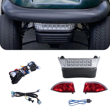 Rainier Parts Club Car Precedent LED Light Kit installed on a golf cart, showcasing 12 to 48 volt high-efficiency lighting for easy installation.