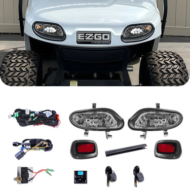 EZ-GO TXT 2014+ LED Deluxe Light Kit 12-48 volt with stylish headlights attached to a golf cart.