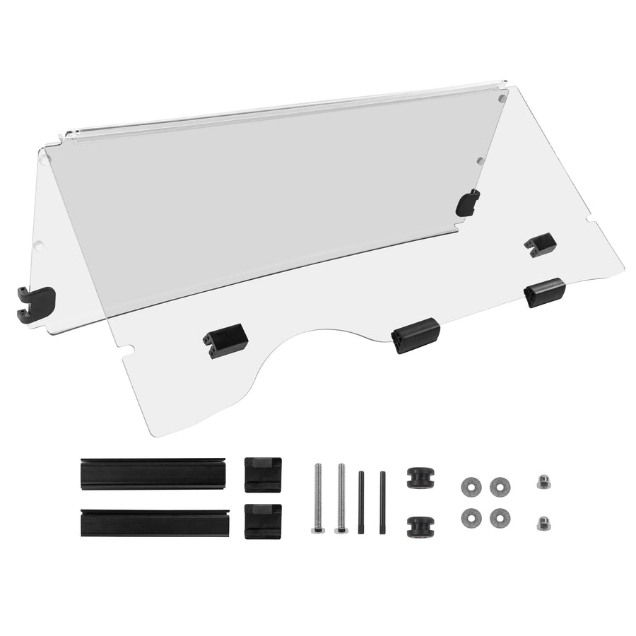 EZ-GO RXV Folding Windshield (Clear/PMMA) displayed, showcasing its durable design and premium clarity.