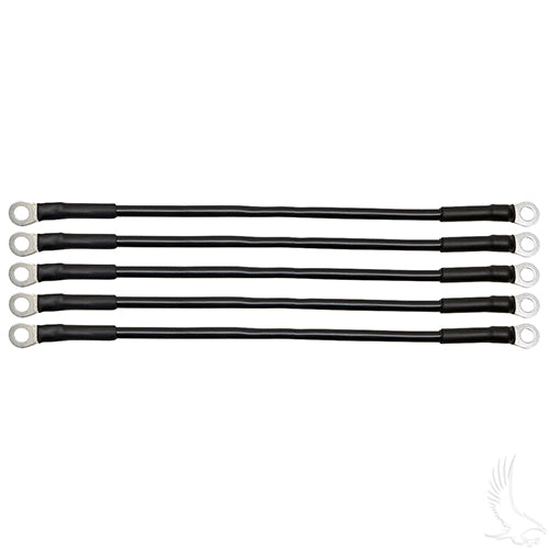 Redhawk 12-inch 6-gauge battery cables for auto and marine, heavy-duty pack of five, black color, suitable for vehicle battery connections.