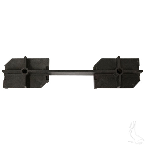 Redhawk battery hold down plate for EZGO RXV and TXT golf carts with 8V batteries, shown in black with mounting hardware.
