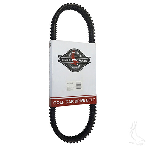 Redhawk OEM drive belt for EZGO 94 Plus golf carts, 4-stroke severe duty belt, shows the black belt with branding and product details.