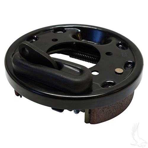 Red Hawk Brake Assembly BRK-009 for E-Z-GO golf carts, driver side with brake shoes, shown in the image.