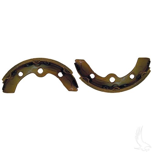 Redhawk OEM brake shoes set for EZGO, Club Car, Yamaha golf carts, featuring red brake shoes with metal components.
