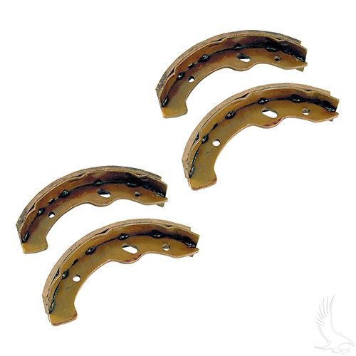 Redhawk Brake Shoes set of 4 for EZ-GO RXV, Workhorse, Yamaha G9-G22 golf carts, showing brake shoes with red and metal components.