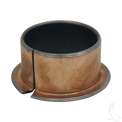 Redhawk spindle bushing with flange for EZ GO TXT golf cart front axle, OEM AXL0018, shown installed on the vehicle's front suspension.
