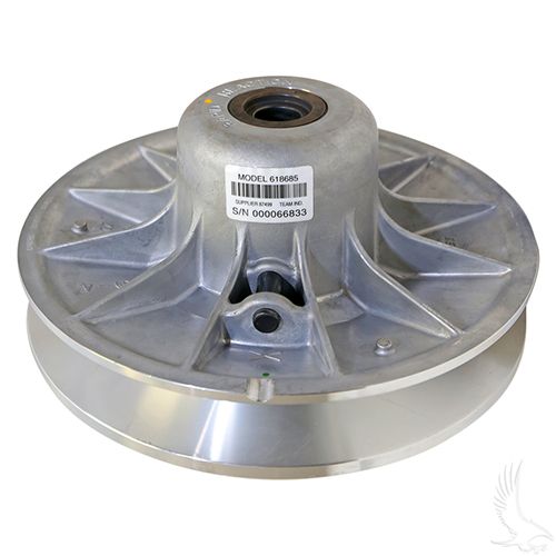 Redhawk CP-0056 driven clutch for EZGO RXV 09 Plus and TXT 10 Plus golf carts with Kawasaki engine, featuring rollers and durable construction.