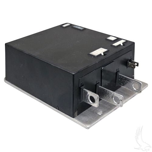 Redhawk OEM EZGO TXT PDS Controller for golf carts, model CON-RB104, showcasing the compact, rebuilt controller with wiring connections.