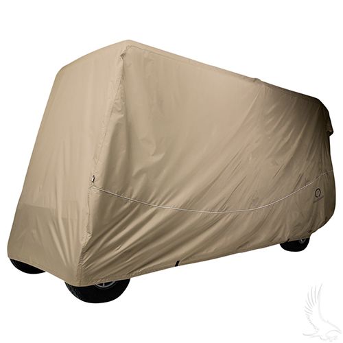 Redhawk premium golf cart storage cover in red nylon, weatherproof fit for six-passenger carts up to 119 inches.