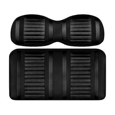 Red Hawk OEM front cushion set for EZGO RXV golf cart, black on black DoubleTake Extreme design, plush seat cushions.