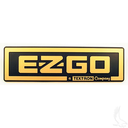 Redhawk Red Hawk BP0019 emblem for E-Z-GO TXT golf carts, featuring black and gold design on a shiny emblem surface.