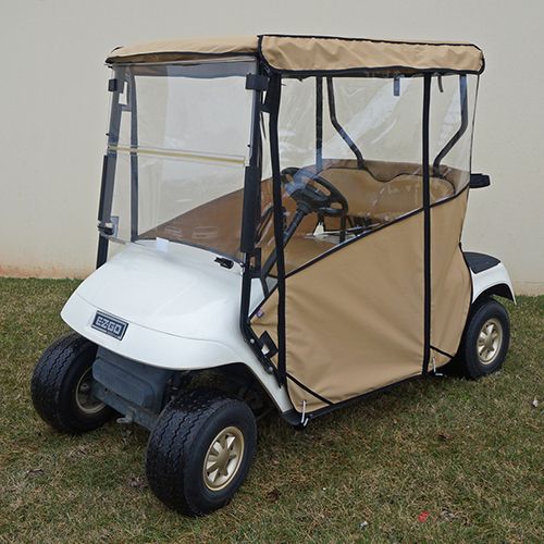 Red Hawk Odyssey beige enclosure for E-Z-GO golf carts, showcasing the weather-resistant fabric and secure fit for outdoor protection.