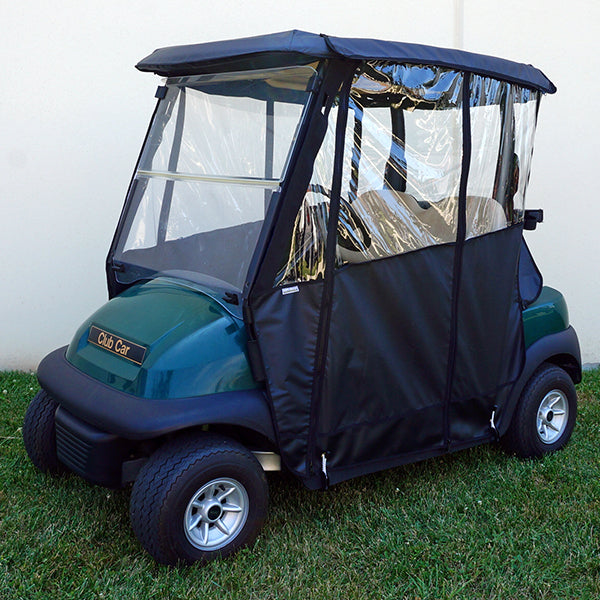 Red Hawk Odyssey Enclosure for Club Car Tempo and Precedent golf carts in sleek black, weather-resistant design.