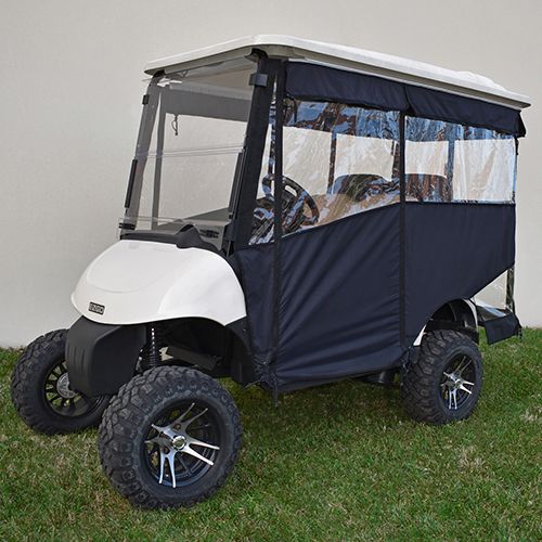 Redhawk Odyssey ENC-028-B enclosure for E-Z-GO RXV golf cart with rear seat, black and red design, weather-resistant material