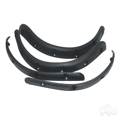 Red Hawk RHOX Fender Flare Set for Club Car Precedent golf carts, four durable mud shields for wheel protection.