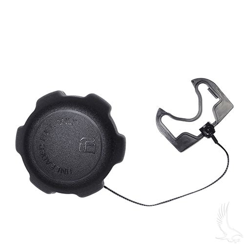 Redhawk OEM non-vented gas cap with lanyard for golf cart models like E-Z-GO, Club Car, and Yamaha, shown on a golf cart.