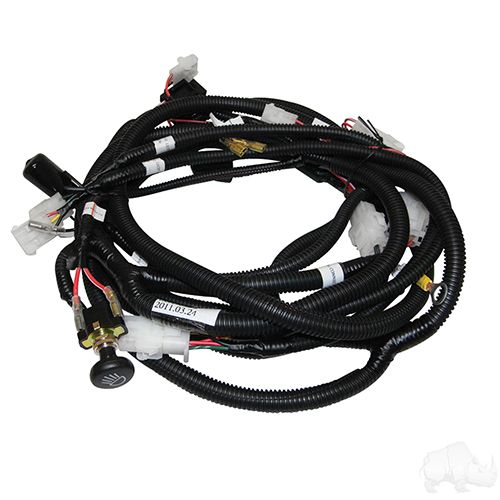 Redhawk OEM LGT-694 plug and play wire harness for EZGO Medalist and TXT golf carts, showing the wiring connectors and harness components.