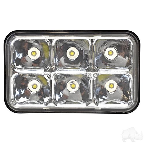 Red Hawk OEM LED headlight for golf carts, showing the factory-style headlight with clear lens and red Hawk branding.