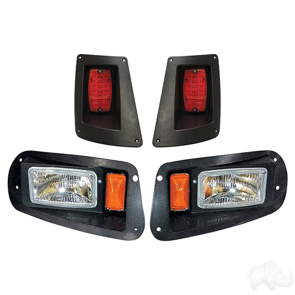 Redhawk OEM headlight and taillight kit for golf carts, black finish, compatible with E-Z-GO RXV models, 12V, model LGT-909.