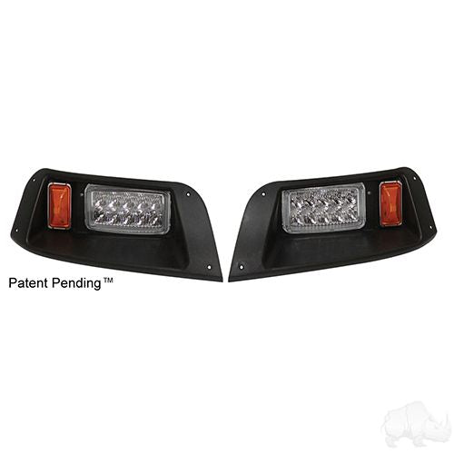 Redhawk OEM LED adjustable headlights with bezels for E-Z-GO TXT golf carts, model LGT-314L, featuring red housing and bezel details.