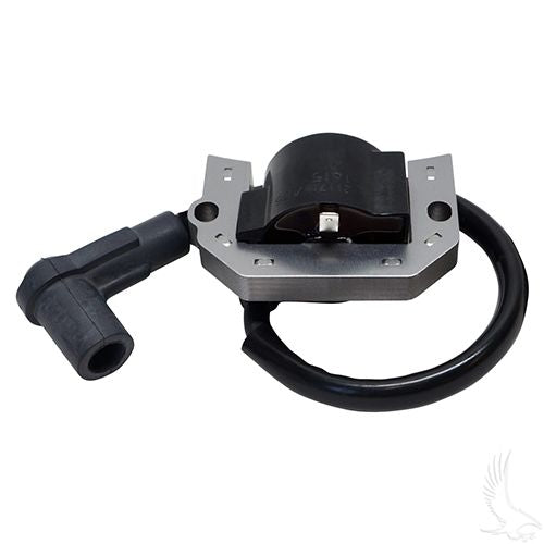 Red Hawk ENG161 ignition coil for EZGO golf carts with Kawasaki engines, shown mounted on the engine, black and red design.