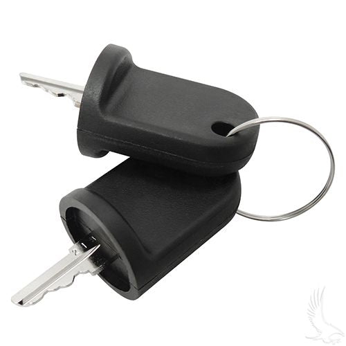 Redhawk EZ2 set of 2 replacement keys for EZ GO RXV golf carts, showing the black keys with key blades and key heads.