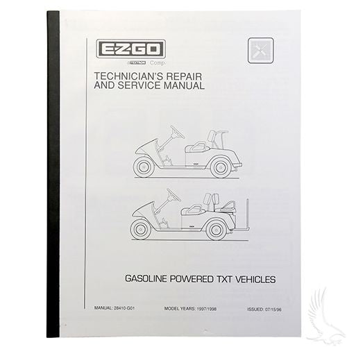 Redhawk EZGO TXT golf cart service manual cover featuring red hawk logo and manual title for E-Z-GO TXT gas models 97-98.