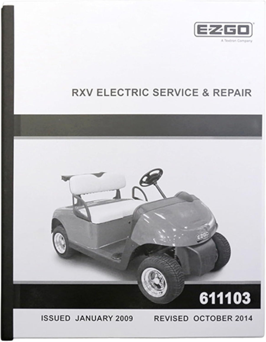 Redhawk RXV electric golf cart service manual cover, illustrated maintenance and repair guide for EZGO RXV models.