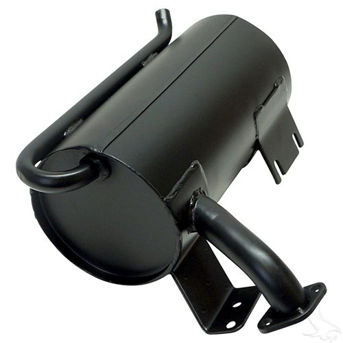 Redhawk muffler for EZGO TXT Medalist 4-cycle gas golf cart, showing the black metallic muffler with mounting brackets.