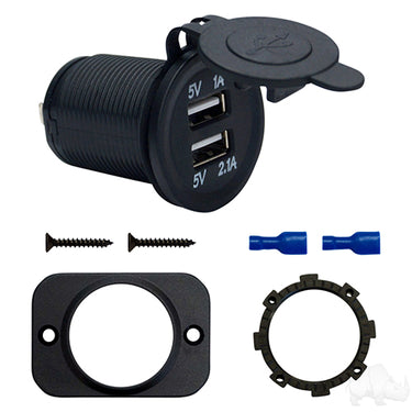 Red Hawk USB dual port power socket for cars, 12-48V fast charging, featuring two USB ports and durable design.