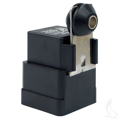 Redhawk ENG269 12V OEM relay for EZGO gas golf carts, showing a black relay with metal contacts and red markings.