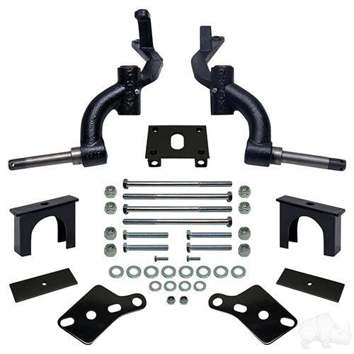 Red Hawk Lift-301 drop spindle lift kit for Club Car DS golf cart, showing black spindles with red accents and installation hardware.