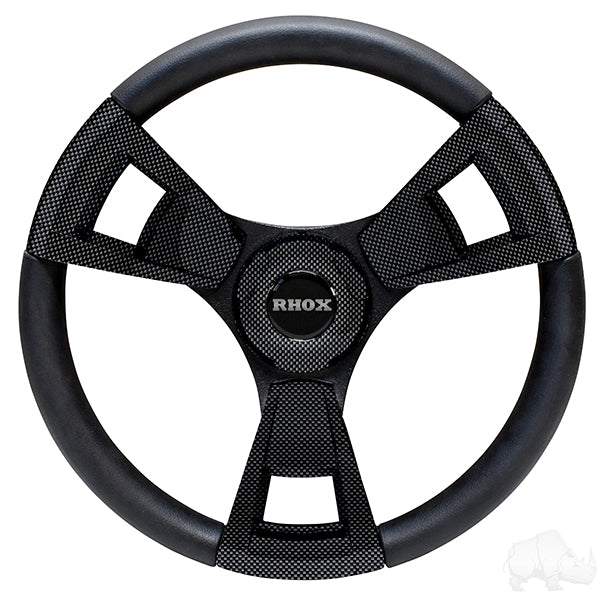 Redhawk Fontana steering wheel with red and black carbon fiber design, compatible with EZ Go golf cart hub, enhances control.