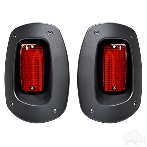 Red Hawk OEM taillights for EZGO RXV golf carts, weatherproof and easy to install, shown on a vehicle in the image.